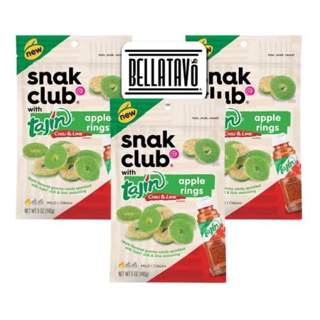 Apple Rings Bundle. Includes Three-5 Oz Bags of Snak Club Tajin Apple Rings and a BELLATAVO Fridge Magnet. Snak Club Tajin Apple Rings Gummy Candy Are