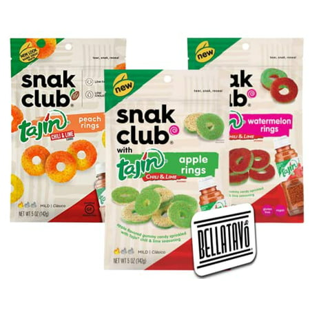 Fruit Rings Candy Bundle. Includes Three-5 Oz Bags of Snak Club Tajin Gummy Rings and a BELLATAVO Fridge Magnet. One of Each Flavors of Gummy Rings: P