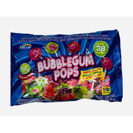 Bubblegum Pops  Assorted Hard Lollipops with Bubble Gum  Flavors Include Tutti-Frutti  Strawberry and Green Apple  Gluten Free  Peanut Free  16 Oz