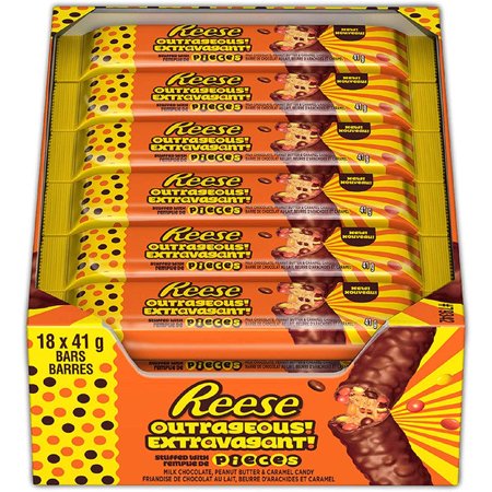 Reese Outrageous Milk Chocolate Candy Bar Stuffed with Reeses Pieces  41g - 18 Count per Box - 1 Box