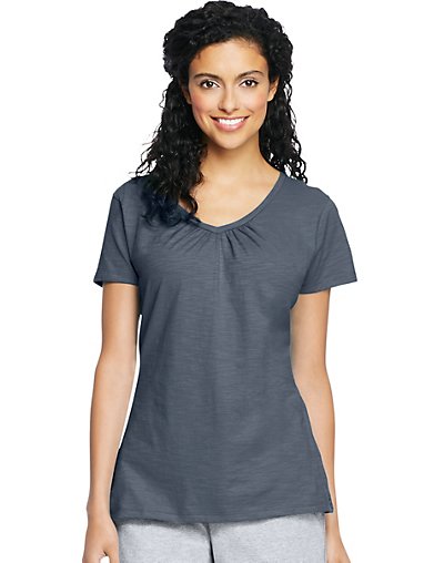 Hanes Women's Slub Jersey Shirred V-neck Tee Dada Grey Cross Dye S
