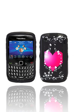 Blackberry Curve 8520 / 8530 /3g 9300 /3g 9330 Bi-layered Graphic Case with Side Grip - Black/big Pink Heart