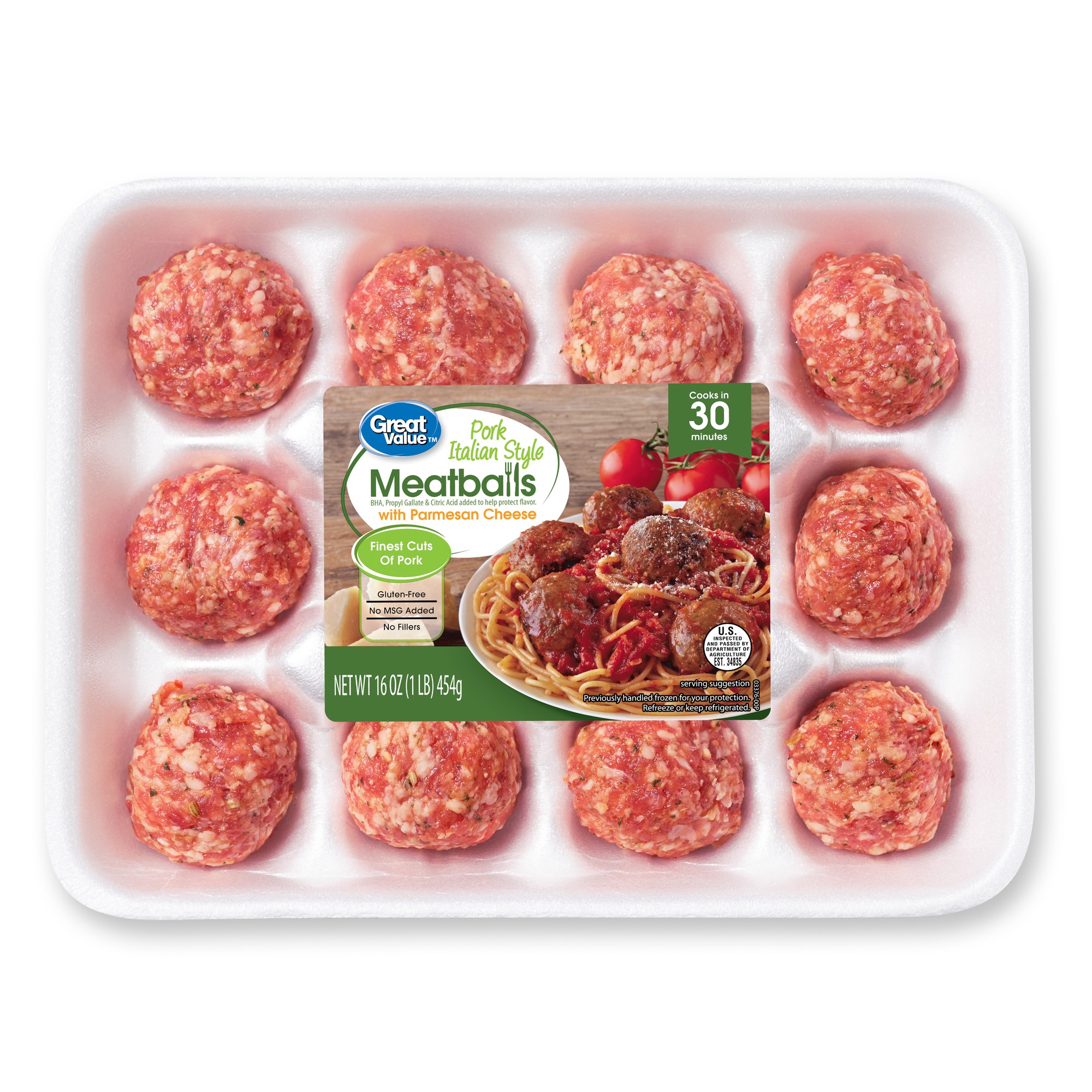 Great Value Pork Italian Style Meatballs with Parmesan Cheese, 12 Count, 16 Oz Image