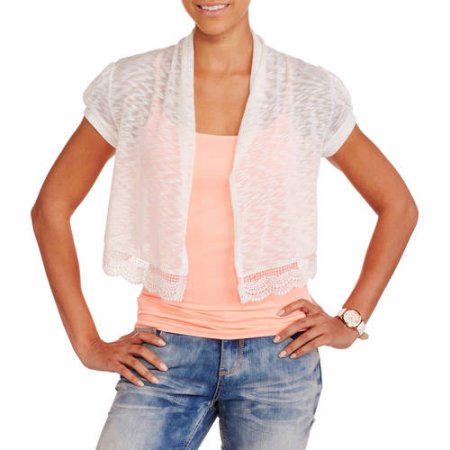 Moral Fiber Juniors' Open Front Short Sleeve Shrug W/lace Bottom
