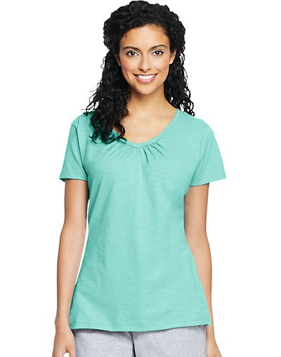 Hanes Women's Slub Jersey Shirred V-neck Tee Sulfure S