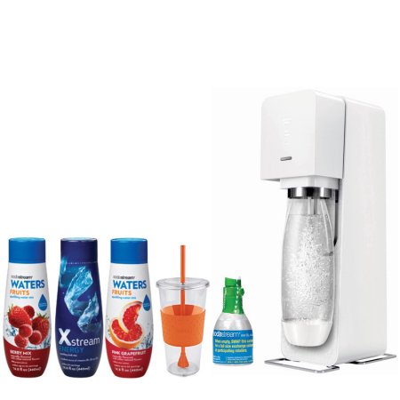Sodastream Source Home Soda Maker Starter Kit, White with Eco First Tumbler 24 Ounce Togo Cup Mug, Waters Fruits - Pink Grapefruit Flavor, Waters Frui