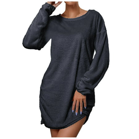 Usupdd Fall Dresses for Women 6858 Women Casual Loose Crew-neck Plush Sweater Long-sleeve Dress WBB221007-4837