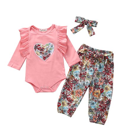 LA HIEBLA Newborn Baby Girl Clothes 3PCS Set  Long-sleeved Love Printed Ruffled Romper + Flower Printed Trousers + Bow Headband