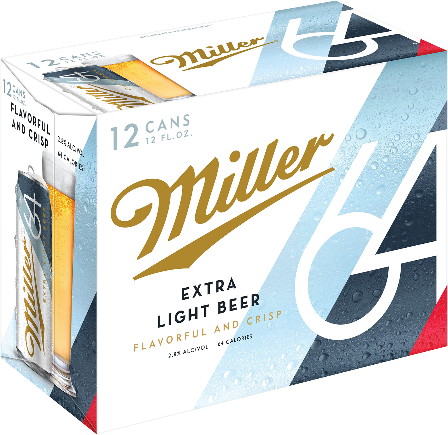 Miller 64 Beer, Extra Light Lager, 12 Pack Light Beer, 12 Fl. Oz. Cans, 2.8% ABV