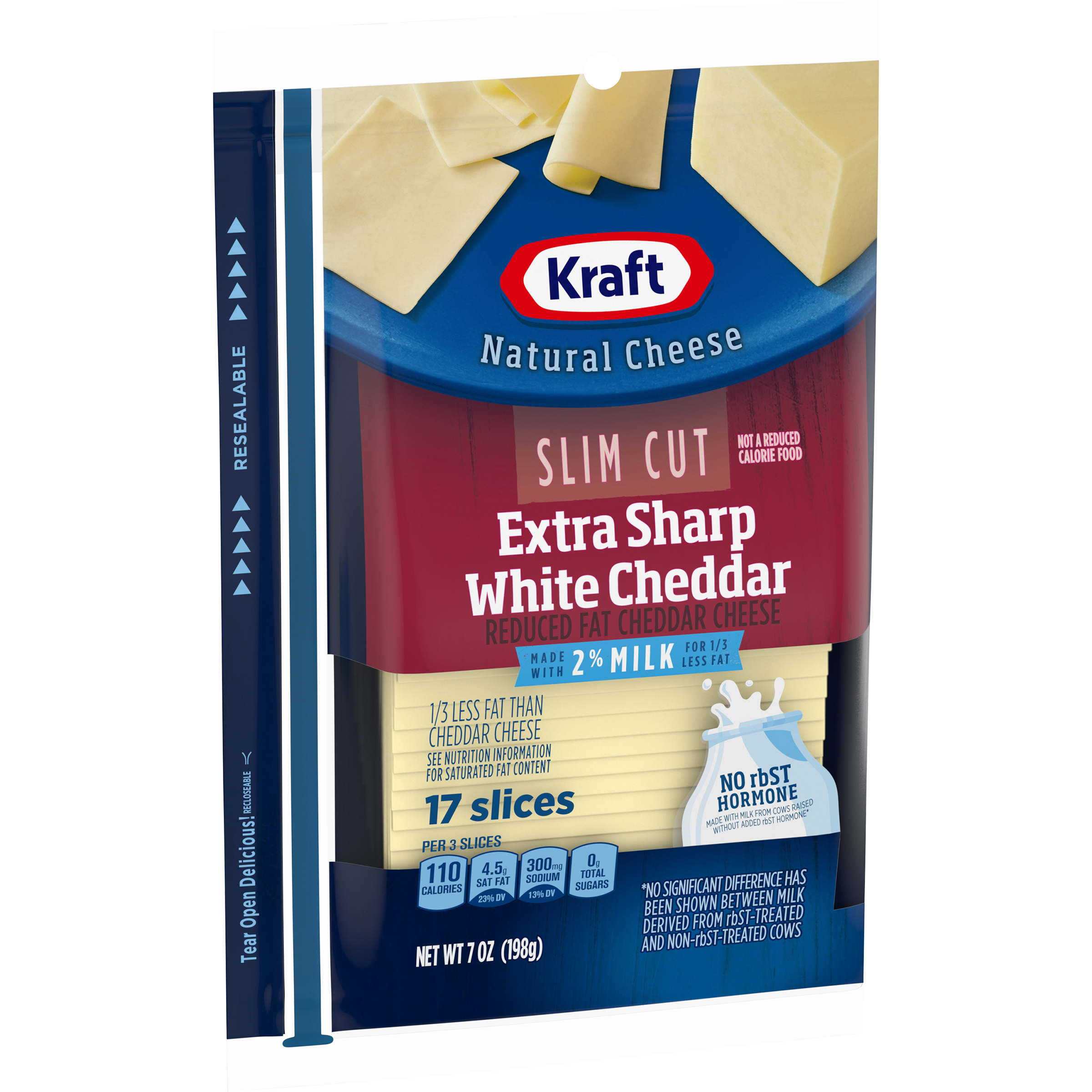Kraft Slim Cut Reduced Fat Extra Sharp White Cheddar Cheese Slices, 17 Ct - 7.0 Oz Wrapper