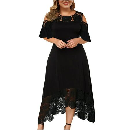 Yannianjz Womens Boho Plus Size Maxi Dresses Lace Neckline Cold Shoulder Short Sleeve Summer Long Swing Evening Party Maxi Dress NSY-4579