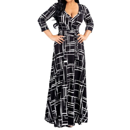 Yannianjz Plus Size Maxi Long Party Dresses for Women Three Quarter Sleeve High Waisted Lace-up Wrap V Swing Dresses Tank Wedding Guest Dress NSY-5330