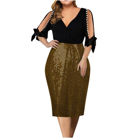 Usupdd Womens Dresses Women Casual Solid Splicing V-Neck 3/4 Sleeve Bandage Sequins a-line Dress Female Sundress 22020801-3252