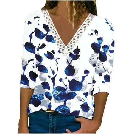 Yannianjz Casual Winter Sweatshirts for Women  2022 Fashion Printed Lace Long Sleeves Blouse V-Neck Tops Loose Fit Dressy Blouses 5954