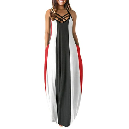 Sundresses for Women Women S Maxi Dresses Summer Casual V-Neck Sleeveless Vacation Beach Pockets Long Dress Dresses for Women 2022