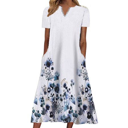 Gibobby Fall Dresses for Women 9980 Dress for Women Fashion Casual V Neck Short Sleeve Floral Print Sling Dress with Dress for Women Buttons