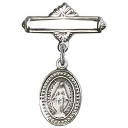 Sterling Silver Baby Badge with Miraculous Charm and Polished Badge Pin 1 X 5/8 Inch Series 0700/073