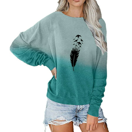 FengLS Women S Round Neck Casual Feather Print Gradient Raglan Long Sleeve T-Shirt Top 10-Ladies Clothes-10A#9764 Womens Clothes MYFWomen S Round Neck