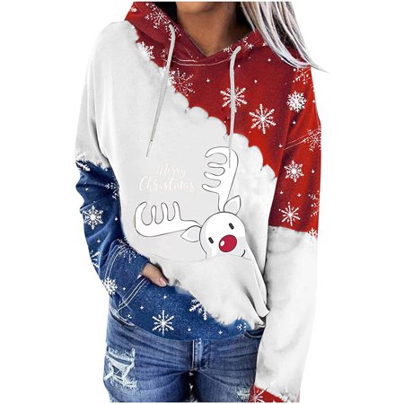 Women Fall Hoodies Clearance Casual Christmas Printed Long Sleeve Drawstring Hooded Sweatshirt Tops Blouse
