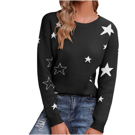 FengLS Ladies Autumn and Winter Tops Loose Crew Neck Sweater Long Sleeve Printed Knit Sweater Crew Neck Sweater 10-Ladies Clothes-07A#18220 Womens Clo