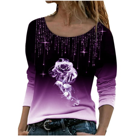 XINSHIDE T Shirt Female Fashion Casual Top Long Sleeve Loose Round Neck Casual Pullover T Shirt Rose Printed Fashion Tshirt Top T Shirts for Women Tre