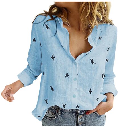 Women S Long Sleeve Tops  Shirts for Women Plus Size Tee Shirts 2X Women S Casual Fashion Loose Printed Cotton Linen Lapel Tops Tops Pack White Waffle