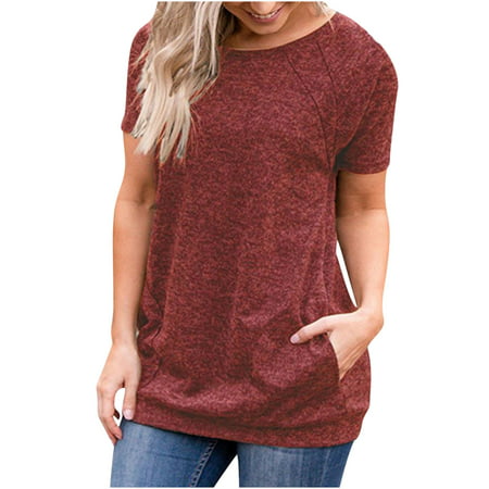 Onlywo Women S Casual Solid Color Tops Round Neck Stitching Short Sleeve Pocket Blouse Loose Sweat Absorb Sports T Shirt