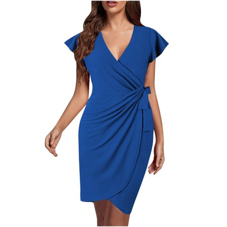 Fall Dresses for Women Clearance Deep V Neck Ruffle Sleeve Sheath Casual Cocktail Party Work Faux Wrap Dress