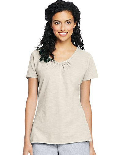 Hanes Women's Slub Jersey Shirred V-neck Tee Mesa Tan M
