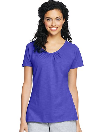 Hanes Women's Slub Jersey Shirred V-neck Tee Petal Purple S