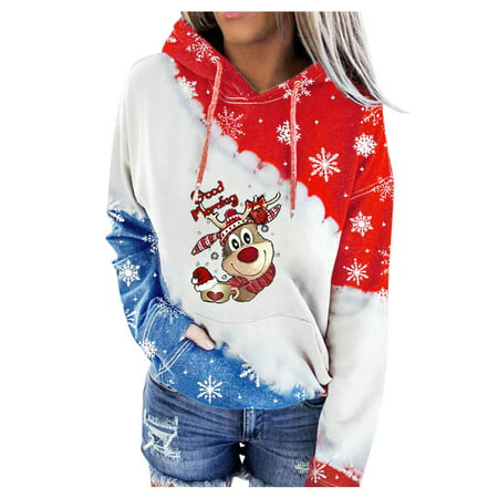 Women Fall Hoodies Clearance Ladies Casual Christmas Print Hooded Pocket Color Block Long Sleeve Sweatshirt Top