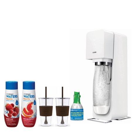 Sodastream Source Home Soda Maker Starter Kit, White with 2 X Eco First Tumbler 24 Ounce Togo Cup Mug, Waters Fruits - Pink Grapefruit Flavor, Waters