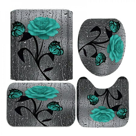 MEROTABLE 4 Pieces/Set Home Toilet Pad Cover Bath Mat Shower Curtain Set Shower Curtain a 180*180CM
