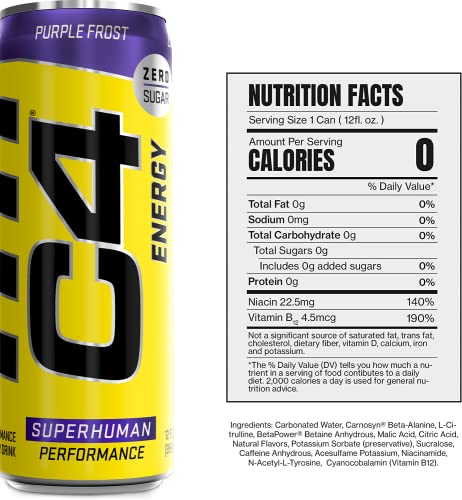 C4 Original Sugar Free Energy Drink | Purple Frost | Pre Workout Performance Drink with No Artificial Colors or Dyes,12 Fl Oz (Pack of 12) thumbnail