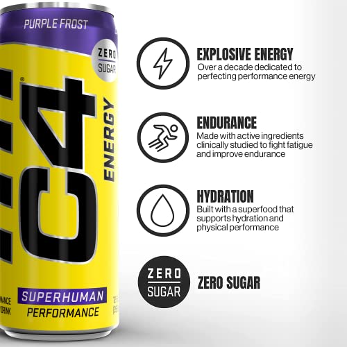 C4 Original Sugar Free Energy Drink | Purple Frost | Pre Workout Performance Drink with No Artificial Colors or Dyes,12 Fl Oz (Pack of 12) thumbnail