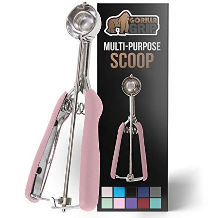 Gorilla Grip Premium Stainless Steel  Spring-Loaded Scoop for Fruit  Cookie and Ice Cream  Easy Squeeze and Clean Release  Comfortable Handle  Small  