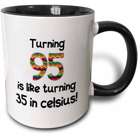 3dRose 95 Is Like Turning 35 in Celsius-Humorous 95th Birthday Gift Two Tone Mug  11 Oz  Black