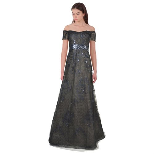 Rene Ruiz Sequin Embellished Tulle Off Shoulder Evening Ball Gown Dress Black/Blue
