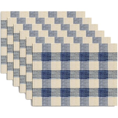 Set of 6 Buffalo Check Cloth Placemats  100% Cotton  Rustic Farmhouse Style Fabric Mats for Dining Table Decoration  Blue/Ivory  14” X 19”