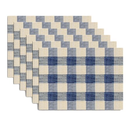 Barnyard Designs Set of 6 Buffalo Check Cloth Placemats  100% Cotton  Rustic Farmhouse Style Fabric Mats for Dining Table Decoration  Blue/Ivory  14