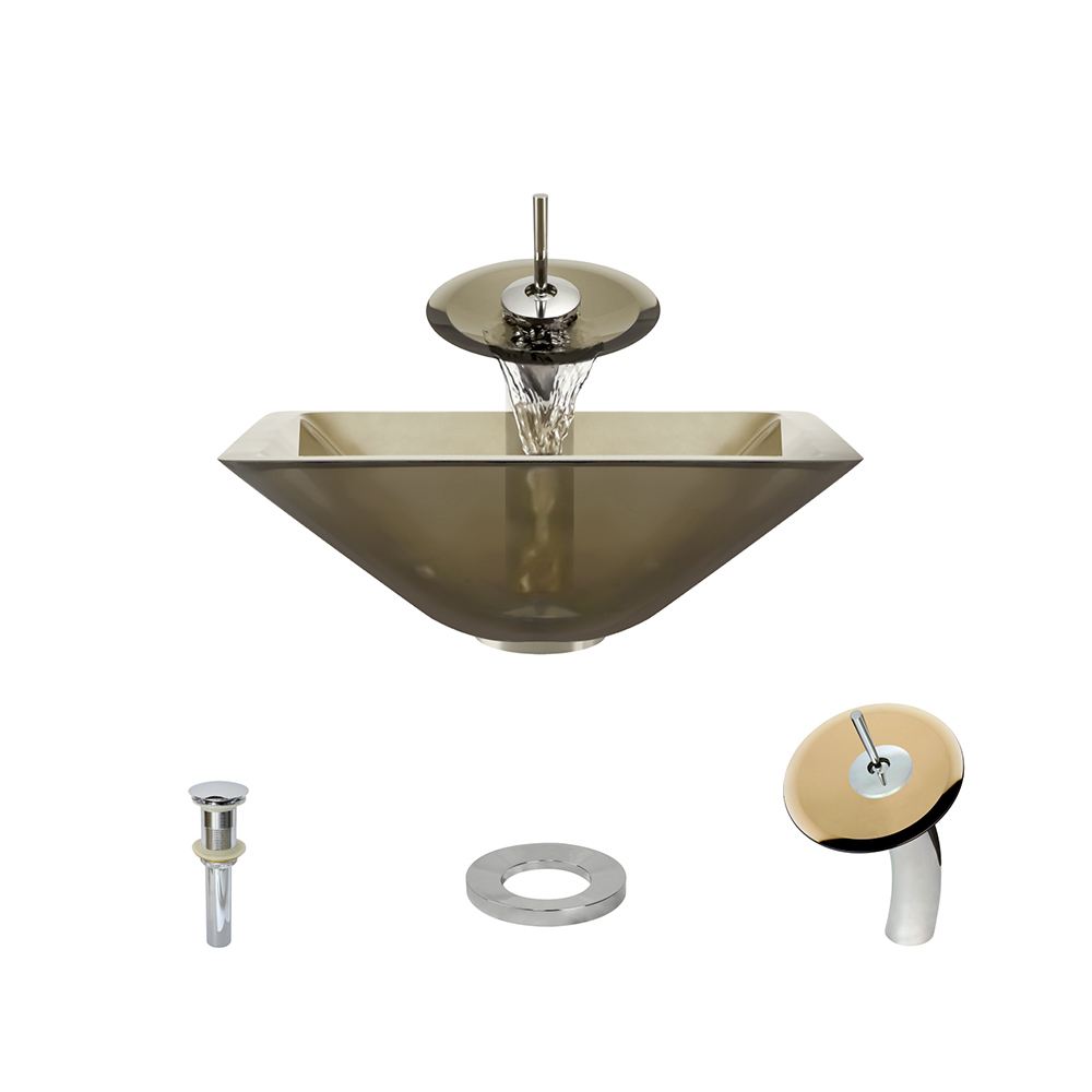 MR Direct 603 Taupe Vessel Sink Ensemble with a Chrome Finish Waterfall Faucet  Pop-up Drain  and Sink Ring.