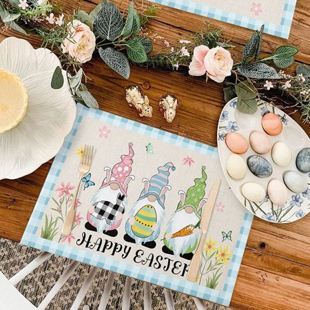Easter Placemats Set of 6 for Dining Table Gnome Eggs Retro Teal Blue Buffalo Plaid Place Mats Indoor Non-Slip Table Mats Washable Placemat Kithen Pla
