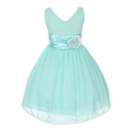 Big Girls Mint Chiffon V-neck Satin Floral Waist Junior Bridesmaid Dress 12