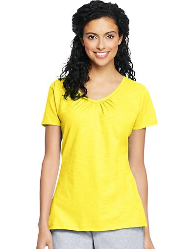 Hanes Women's Slub Jersey Shirred V-neck Tee Journey Yellow S