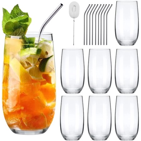 Highball Glasses Set Tall Drinking Cups Set of 8 Clear Water Glass Tumblers with Straws 16 OZ Glassware for Kitchen Bar Mojito Cocktail Juice Mixed Dr