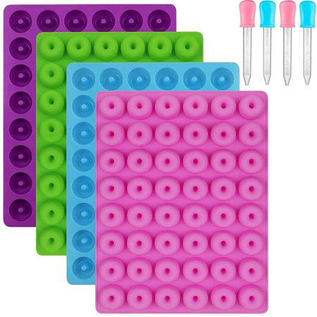 (4 PCS) Donut Silicone Gummy Mold/Mini Donut Pan/Ring Gummy Candy Mold for Chocolate Jelly Ice Cube Pralines Caramels Ganache Snacks(with 4 Droppers)