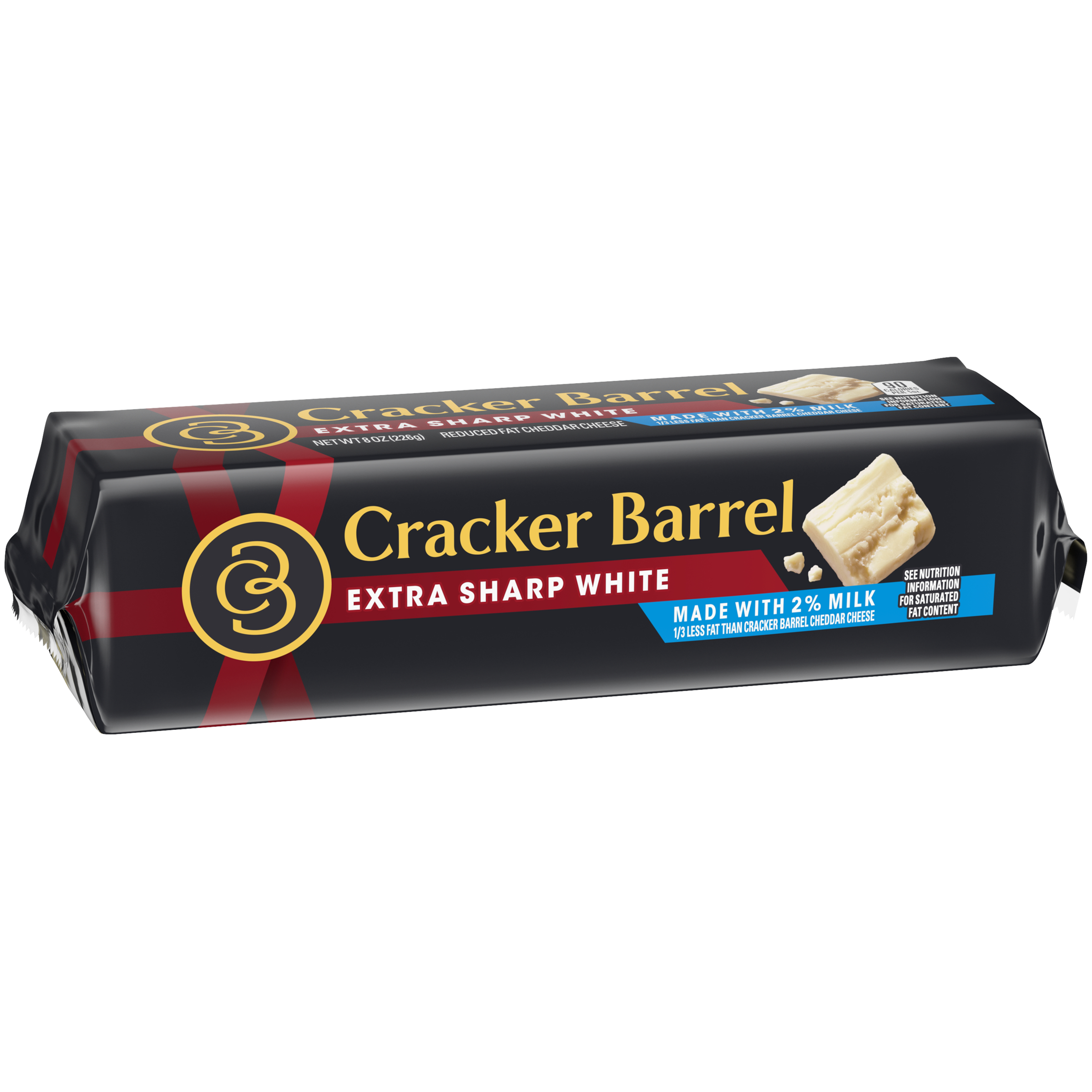 Cracker Barrel Extra Sharp White Cheddar Cheese Block Made with 2% Milk, 8 Oz Wrapper