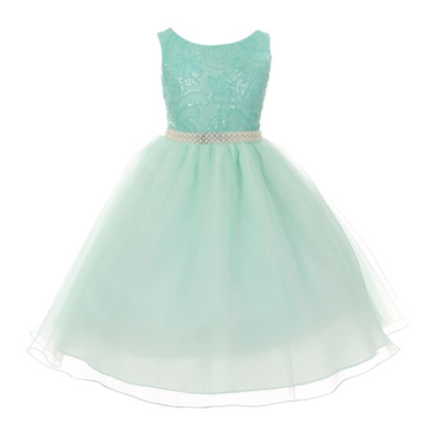Big Girls Mint Sparkly Embroidered Pearl Accented Junior Bridesmaid Dress 9/10