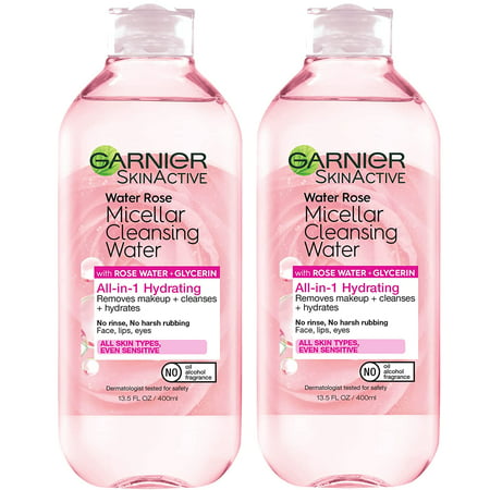 Garnier SkinActive Micellar Water with Rose Water and Glycerin  Facial Cleanser & Makeup Remover  All-in-1 Hydrating  13.5 Fl. Oz  2 Count (Packaging 