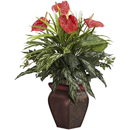 Nearly Natural 6678 Mixed Greens and Anthurium with Vase Decorative Silk Plant  Green